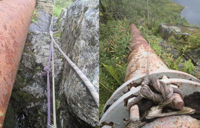 Side by side photos. Left side - three climbing ropes in a bad state draped over an unprotected stone edge, Left rope is tied in the middle right. Middle rope has exposed core. Right photo - dirty rope tied around a rusty pipe. Unknown knot. Core strands from another rope weaved into the knot.