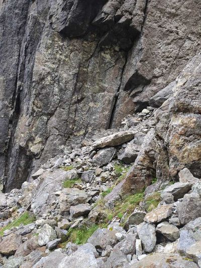 Photo of a narrow mountain pass covered in rocks from a rockslide. You can barely make out a white rope, which has been covered by rocks.